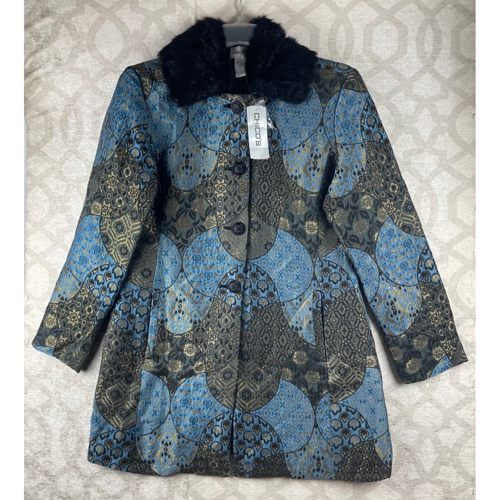 Chico's Elliptic Jacquard Kyra Womens 1 M Blue Faux Fur Silk Blend Jacket NEW